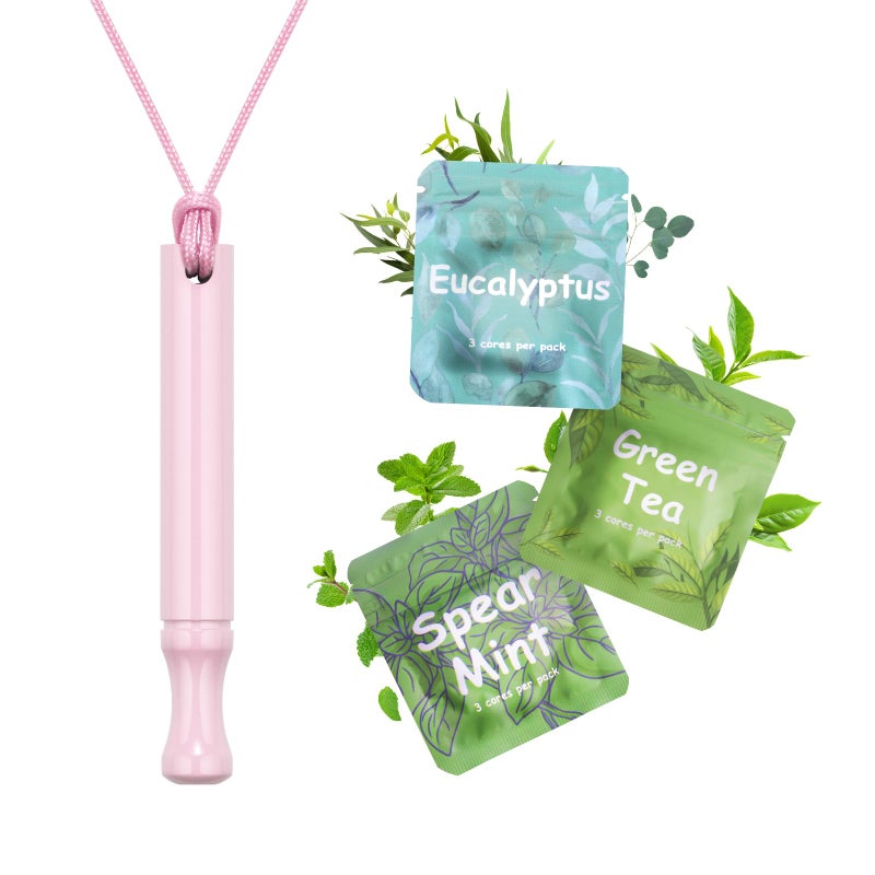 ASTOFLI Anxiety Breathing Necklace with Resistance: Pink Herbal Flavoured Air Metal Breathlace with Resistance Filter Natural Essential Oil Breath Breathing Necklace Stress Anxiety Relief Chain